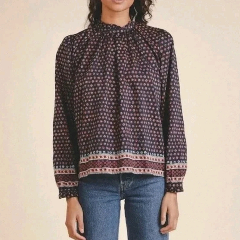 Trovata Birds of Paradis Hillary Blouse S Navy Print Silk Blend NEW